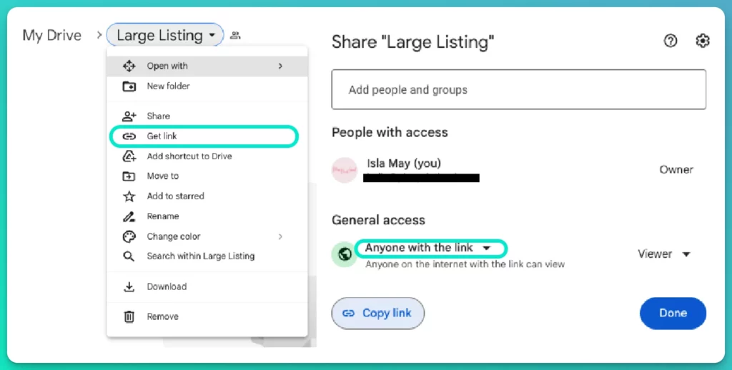 Creating a sharable link on Google Drive