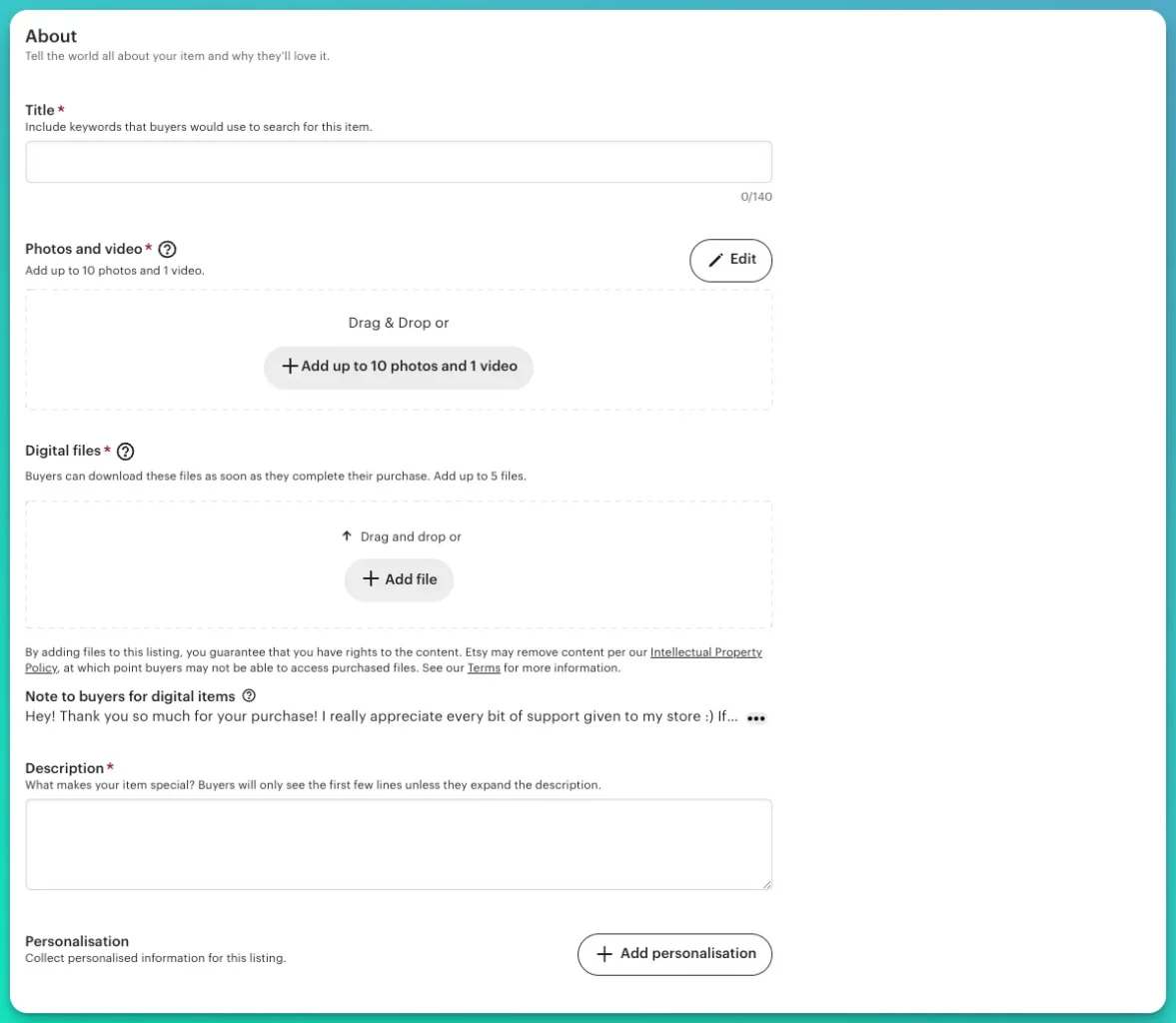 How to list a digital product on Etsy - Filling out the About section